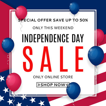 Banner for Independence Day sale. Color background with air balloons. American Independence Day celebration backdrop. Vector illustration with USA flag.