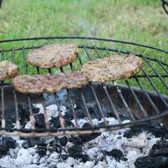 Meat in summer in the green garden on an old charcoal grill, delicious food for the garden party
