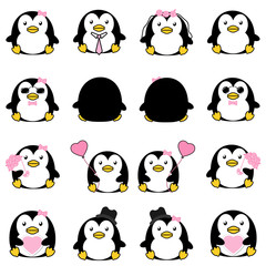 Lovely cute couple cartoon penguin collection set with variety charactor isolate vector icon