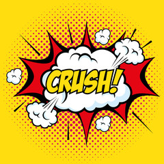 Comic like crush art pop with clouds sign over yellow background vector illustration - obrazy, fototapety, plakaty