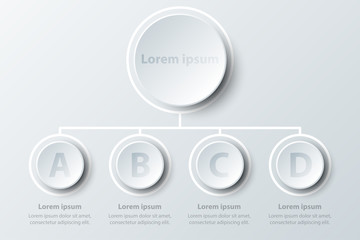 Four topics simple white 3d paper circles in organize chart for website presentation cover poster vector design info graphic illustration concept