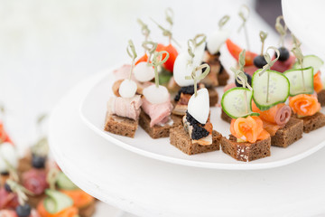 the buffet at the reception. Assortment of canapes. Banquet service. catering food