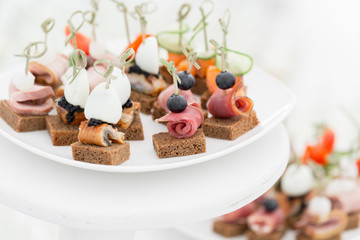 the buffet at the reception. Assortment of canapes. Banquet service. catering food