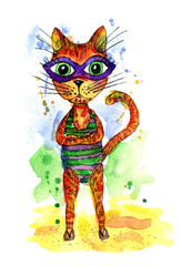 beautiful summer watercolor illustration of the kitty girl on the beach