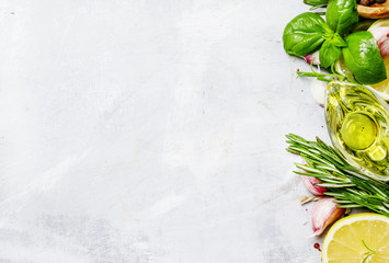 Fototapeta na wymiar Food background, spices, herbs, olive oil and seasonings, top view