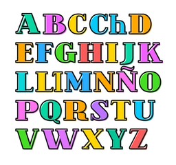 Spanish alphabet colorful letters, black outline, vector.  Capital letters with serif on a white background. Black outline is offset to the side.  
