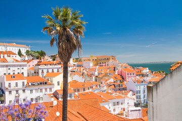 Aerial scenic view of central Lisbon Portugal with red tile roofs