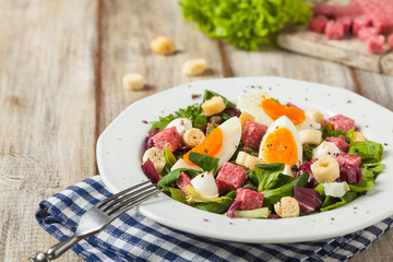 Delicious Italian salad with salami, egg, crostini and mozzarella.