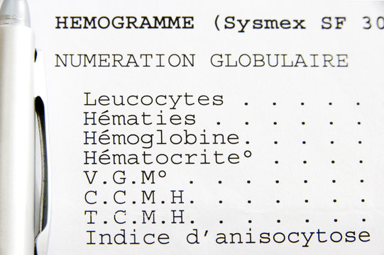 Feuille de r￩sultats d'analyse de sang : num￩ration sanguine Sont d￩termin￩s : - le nombre de leucocytes (globules blancs), - le nombre d'h￩maties, - le taux d'h￩moglobine, - l'h￩matocrite (pourcentage relatif du volume des h￩maties par rapport au volume total du sang), - le volume globulaire moyen (VGM, rendant compte de la taille des h￩maties), - la concentration corpusculaire moyenne en h￩moglobine (CCMH, concentration en h￩moglobine d'une h￩matie), - la teneur corpusculaire moyenne en h￩moglobine (TCMH, masse d'h￩moglobine dans une h￩matie), - l'indice d'anisocytose (in￩galit￩ de taille des h￩maties)