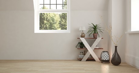 White empty room with green landscape in window. Scandinavian interior design. 3D illustration