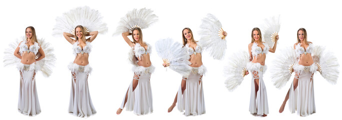 Woman in white belly dancer costume .