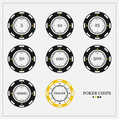 Vector set of flat poker chips. Denomination 5,10,25,50,100,500,1000 and chip Diller