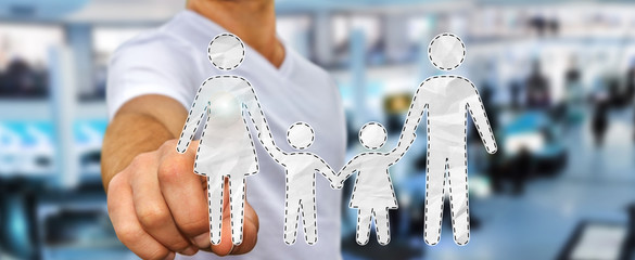 Businessman touching family interface with his finger 3D rendering