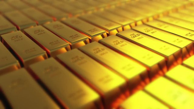 4k Gold bullion gold bars treasury wealth Ingot luxury finance goods trading,3D animation of stacked gold bars.