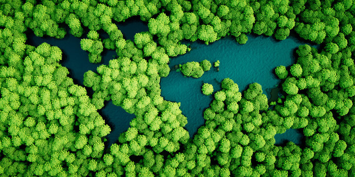 Rainforest lakes in the shape of world continents. Environmentally friendly sustainable development concept. 3D illustration.