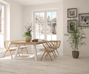 White dinner room with winter landscape in window. Scandinavian interior design. 3D illustration