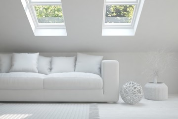 White room with sofa. Scandinavian interior design. 3D illustration