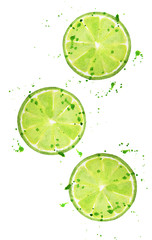 Fototapeta na wymiar Lime slice with splashes isolated on white background. Watercolor food illustration, art painting