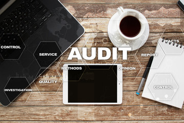Naklejka premium Audit business concept. Auditor. Compliance. Virtual screen technology.