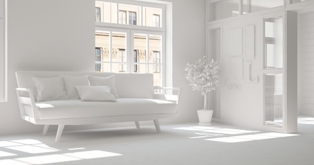 White room with sofa. Scandinavian interior design. 3D illustration