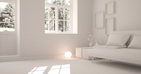 Naklejka na ściany i meble White room with sofa. Scandinavian interior design. 3D illustration