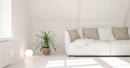 White modern room with sofa. Scandinavian interior design. 3D illustration