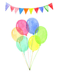 Colorful balloons and flags with ribbon, watercolor illustration for your design