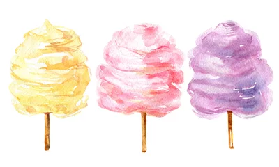 Selbstklebende Fototapeten Сotton candy on sticks isolated on a white background, watercolor illustration © v_paulava