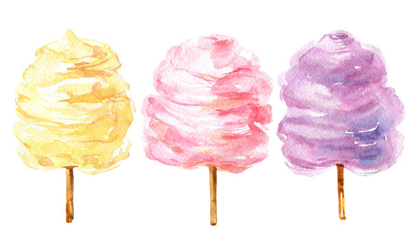 Сotton candy on sticks isolated on a white background, watercolor illustration