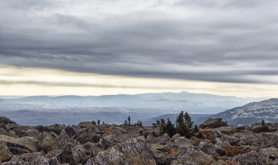 Ural mountains, bad weather, approaching thunderstorm, storm, field with stones