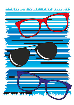 occhiali da vista e da sole moderni con fondo blu