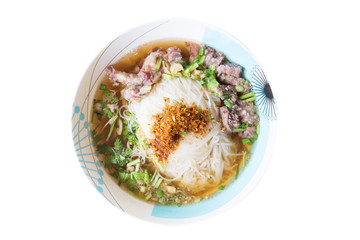 Thai food,Spicy noodle soup in a bowl isolated on white background