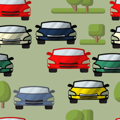  Vector seamless pattern of cars, trees. Automobile  background.