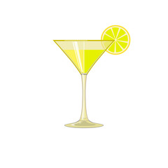 Glass of iced beverage. Martini, wine, lemonade or cocktail with lemon. Icon, abstract concept. Flat design. Vector illustration on white background.