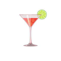 Glass of iced beverage. Juice, red wine or cocktail with lime. Icon, abstract concept. Flat design. Vector illustration on white background.