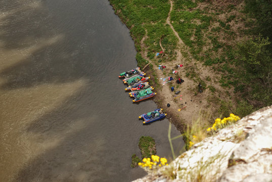 in the foreground flowers and grass on the rocks. Top view, far catamarans, boats, floatable means tourists. People are not all gone on a trip. Catamarans moored to the shore.