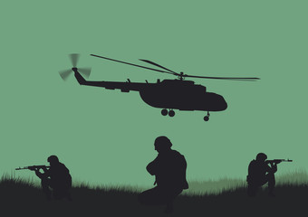 Fototapeta na wymiar Illustration, the soldiers going to attack and helicopters.