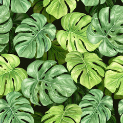 Obrazy na Szkle  Akwarela liści palmowych powtarzający się wzór, ręcznie rysowane kolorowe tropikalne botaniczne bezszwowe tło, ilustracja 3d.