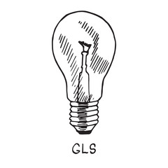 GLS lamp type, woodcut style design, hand drawn doodle, sketch in pop art style, isolated vector illustration