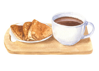 Watercolor hand drawn cup of coffee with pancakes and peony flower on wooden tray, delicious breakfast, food design, illustration on white background.