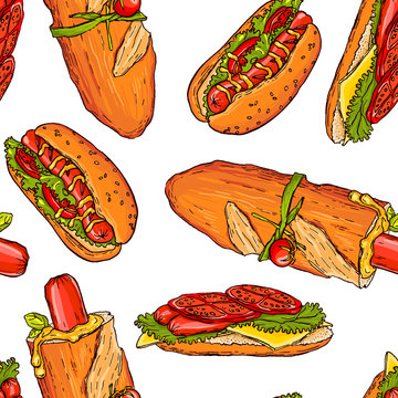 Seamless pattern made of yummy hand drawn hot dogs and sandwiches. Colorful and tasty.