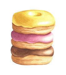 Watercolor yellow banana, chocolate and strawberry pink donuts, hand drawn delicious food illustration, yummy sketch  isolated on white background.