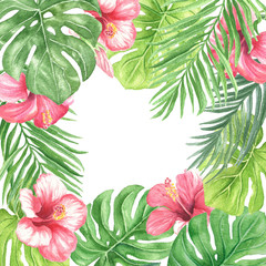Watercolor palm leaves and hibiscus flowers pattern, hand drawn colorful tropical botanical background illustration on white background.