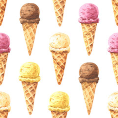 Watercolor ice-cream in waffle cone seamless background, summer repeating background. Chocolate, banana, strawberry and vanilla tastes. Hand drawn food illustration.