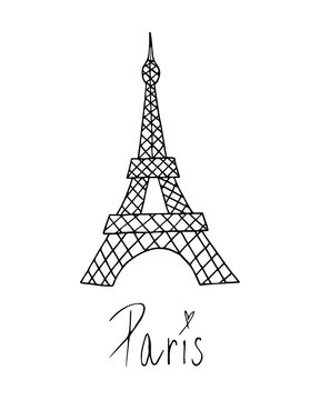 Eiffel tower in Paris, France. Vector illustration doodle drawing of La Tour Eiffel. Isolated on white background with hand writing Paris.