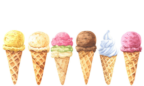 Watercolor ice-cream in waffle cone set, isolated on white background. Chocolate, banana, strawberry, pistachio and vanilla tastes. Hand drawn food illustration.