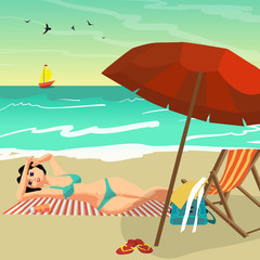 Sea landscape summer beach. Young woman in bikini sunbathing lying on sand. Vector flat cartoon illustration