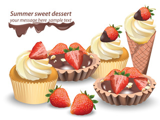 Delicious sweets and desserts with fruits. Chocolate tartlets and vanilla cupcakes. Summer confectionary bakery treats Vector illustration