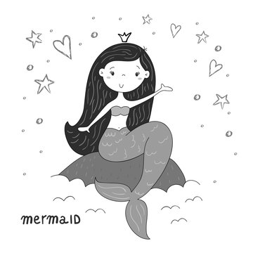 Hand drawn vector illustration with little mermaid cute print
