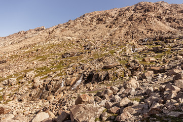 waterfalls in the mountains, mountain landscape. sunny weather. streams of water, several waterfalls